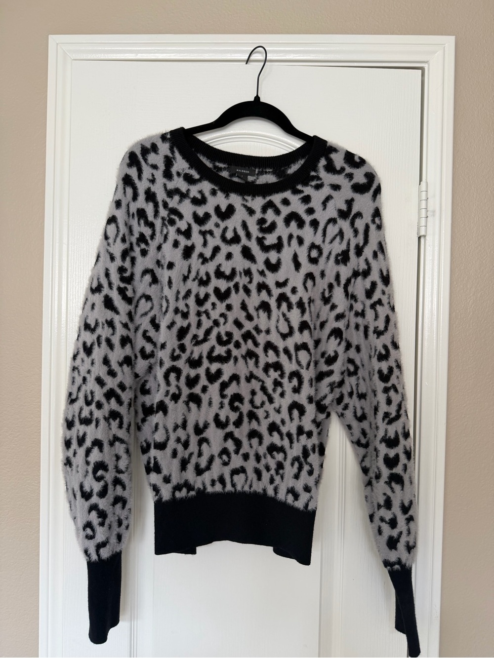 Halogen Black and Light Gray Leopard-Print Fuzzy Crewneck Sweater